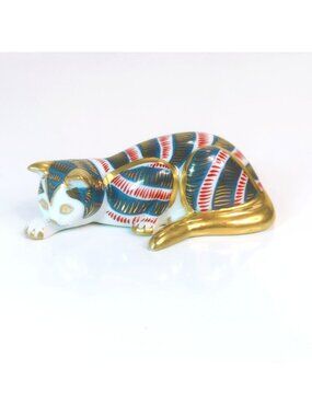 Franklin Mint Curio Cabinet Cat Imari Figurine 1988 Blue Gold Accents